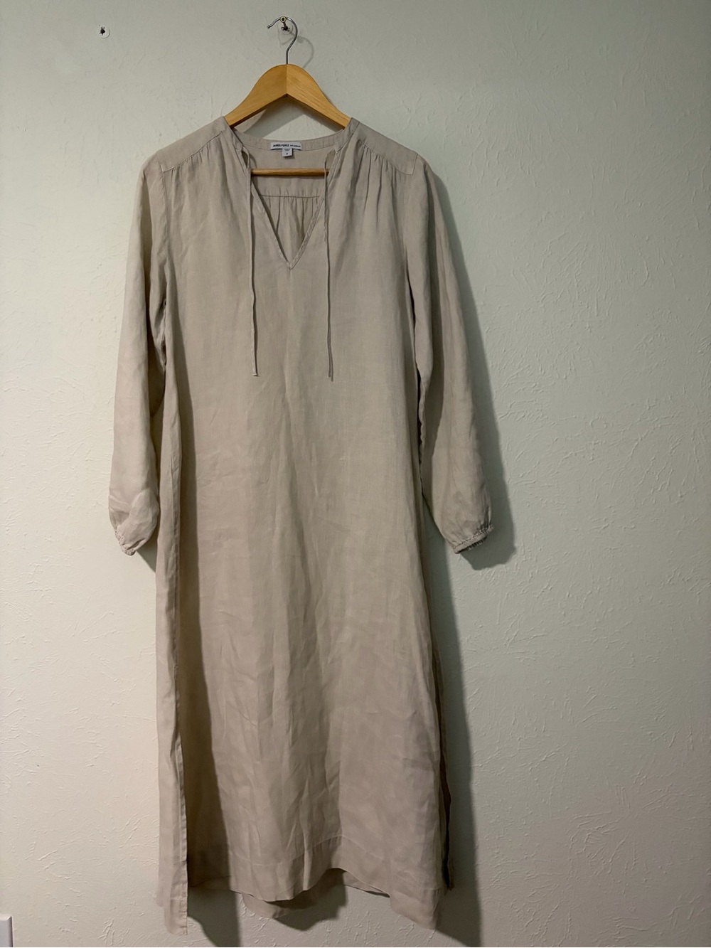 James Perse Beige Long-Sleeve Tie-Neck Linen Midi Dress Size 0